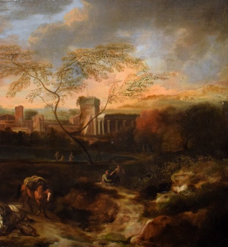 XVIIe siècle - Paysage idyllique au coucher du soleil - Atelier de Johann H. Roos (1631-1685)